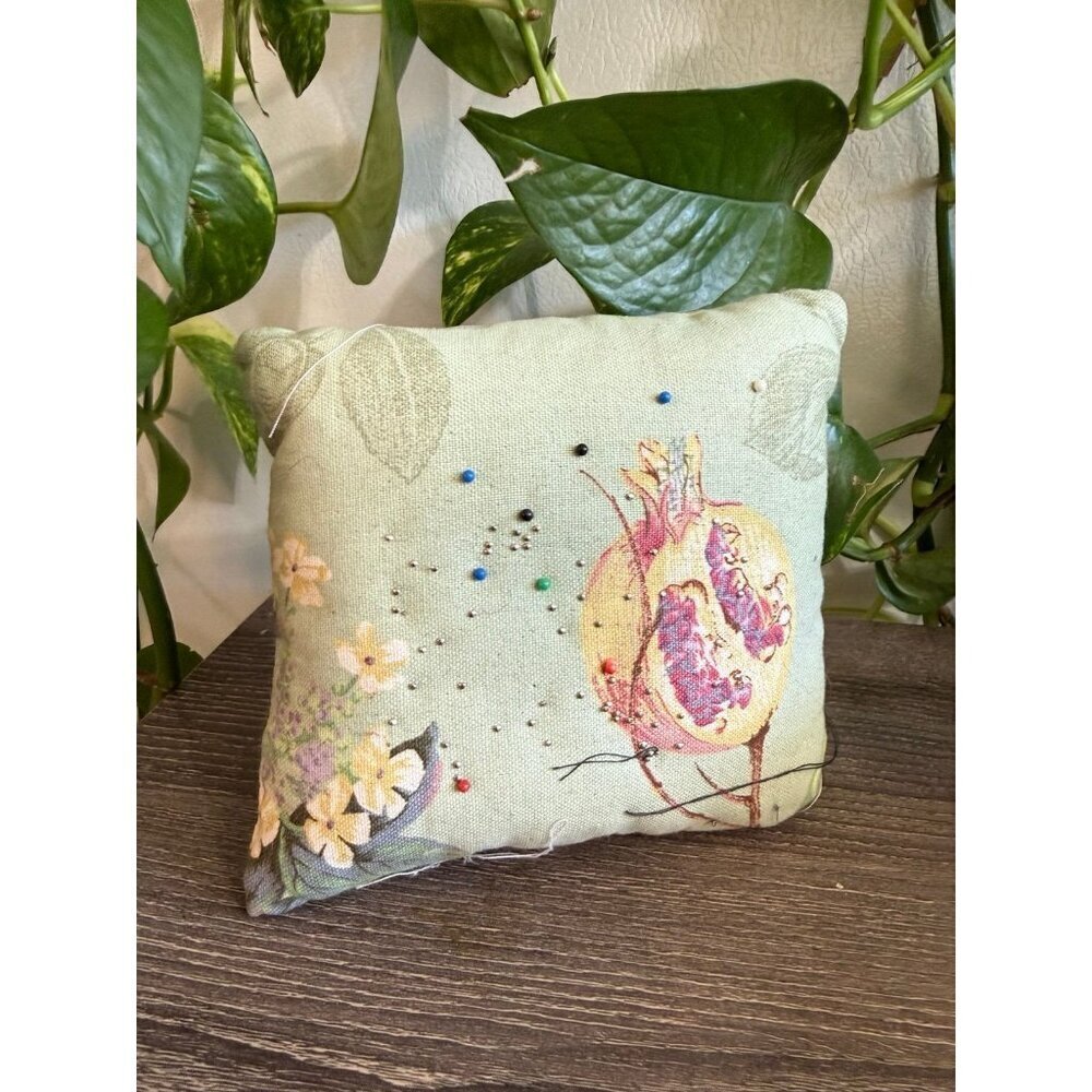 Handmade Pincushion with Pomegranate and Floral Design